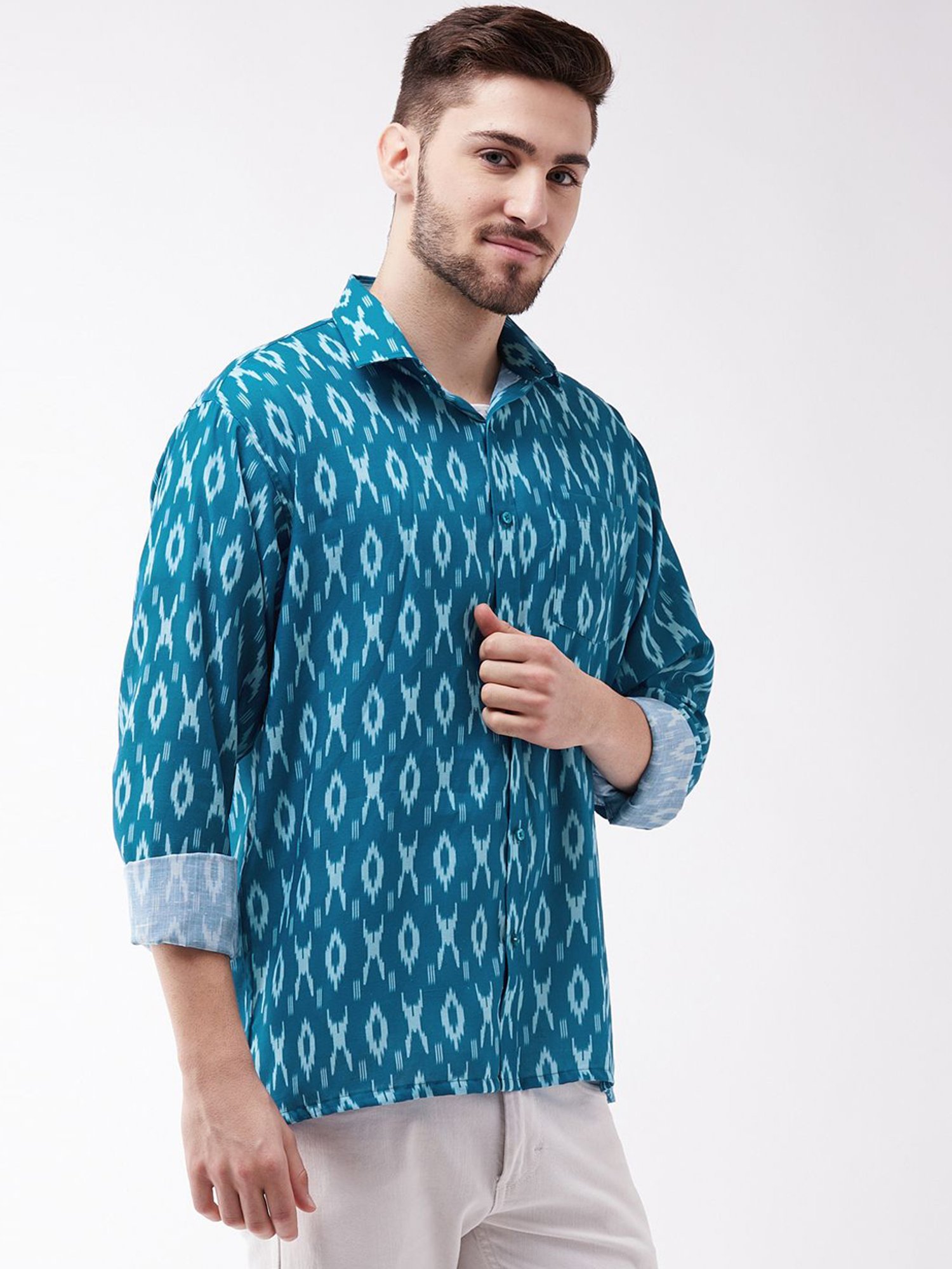 Vastramay Turquoise Cotton Straight Fit Printed Shirts