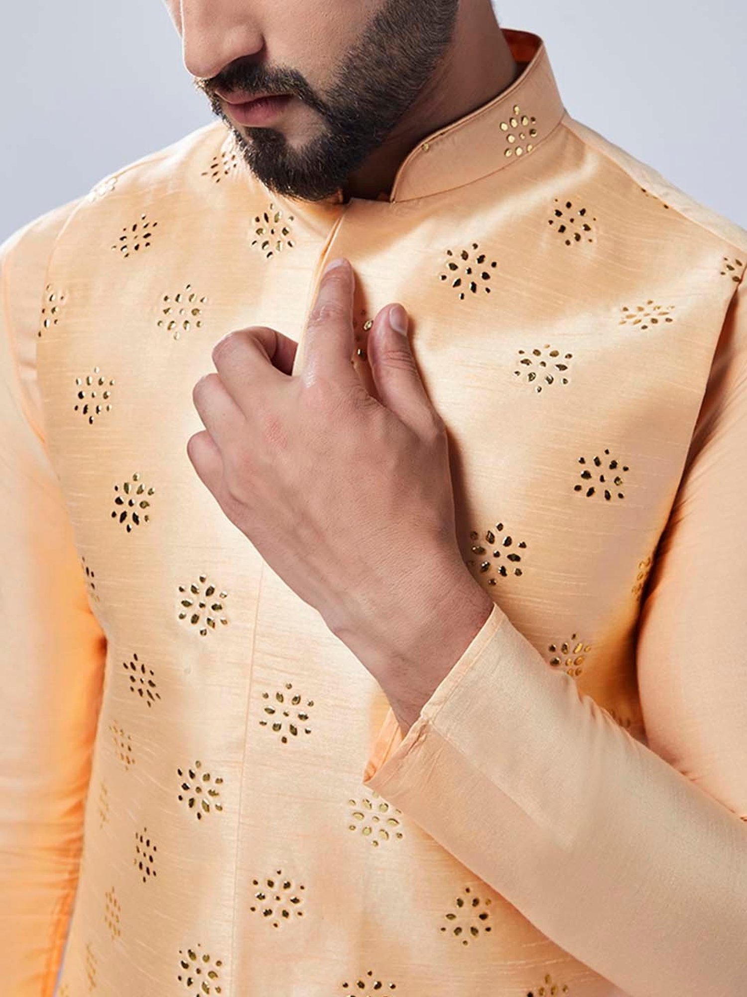 KISAH Nude & Off White Regular Fit Embellished Kurta & Pants With Nehru Jacket