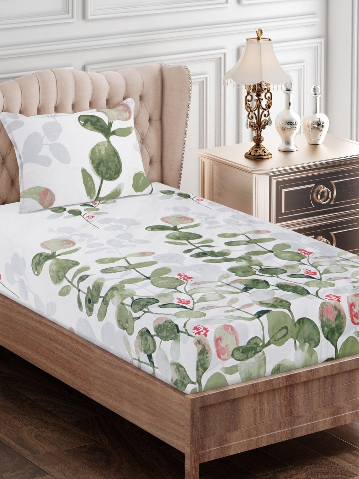 SEJ by Nisha Gupta Floral Green 210 TC Cotton Single Bed Sheet with 1 Pillow Cover