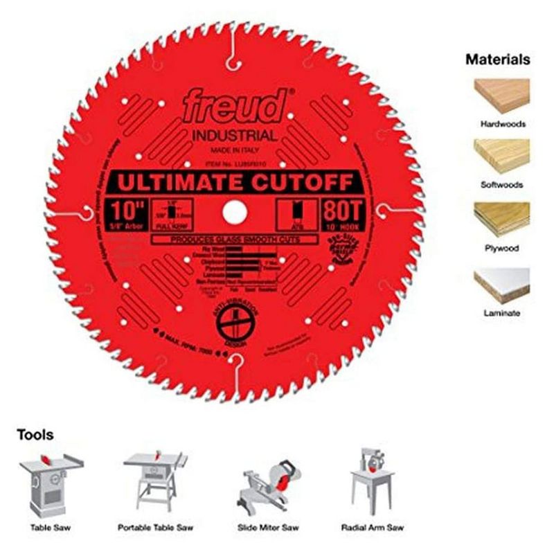 Freud LU85R010 10 Inch 80 Teeth Ultimate Cut Off Crosscutting Wood Saw Blade with Unique Side Grind and No Stabilizers Required
