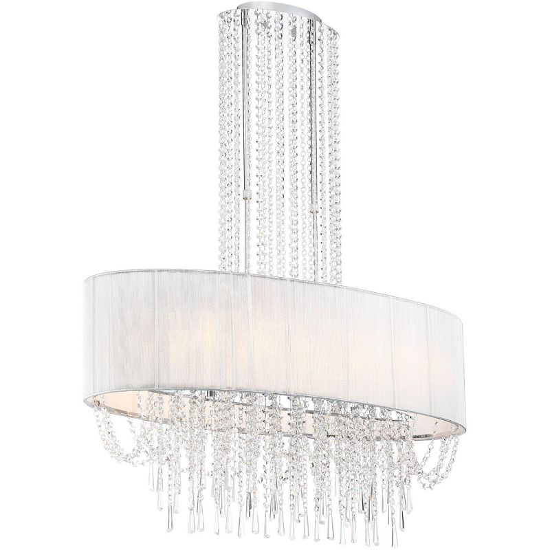 Vienna Full Spectrum Chrome Oval Linear Pendant Chandelier 39" Wide Modern Clear Crystal Silk Thread Shade for Kitchen Island