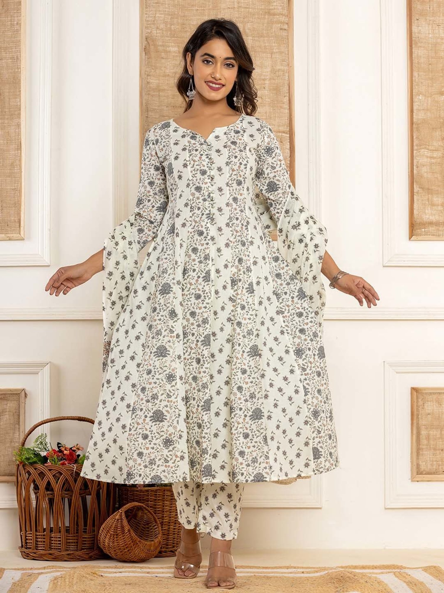 Yufta Cream Cotton Printed Kurta Pant Set With Dupatta