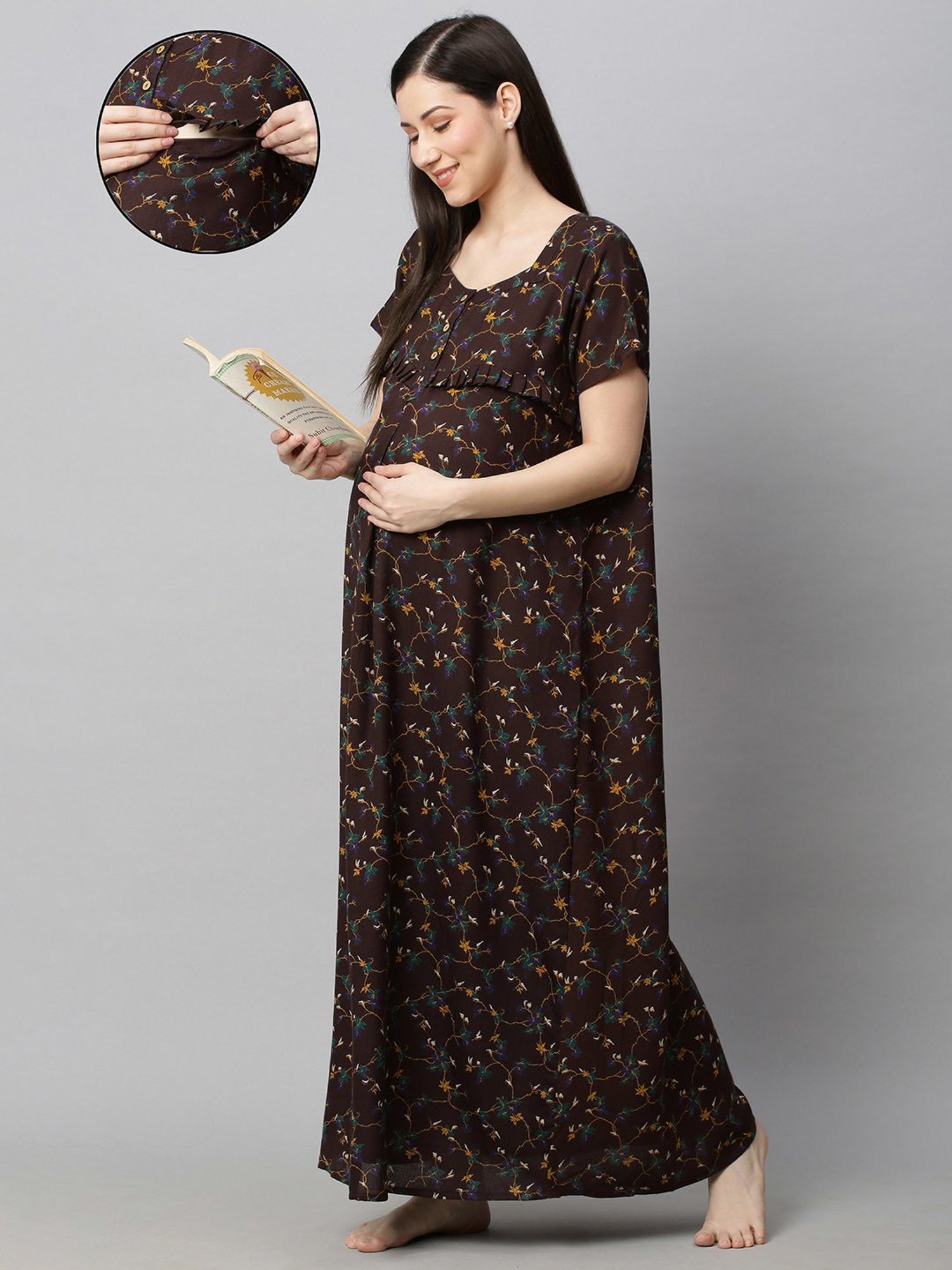 Clovia Yellow & Pink Graphic Print Maternity Top With Pyjamas