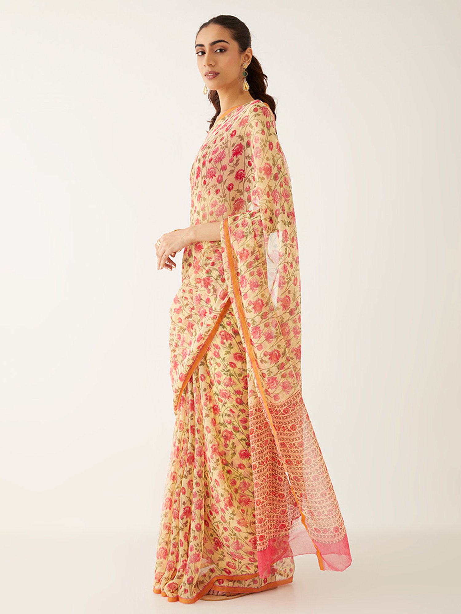 Taneira Light Yellow Floral Print Saree With Unstitched Blouse