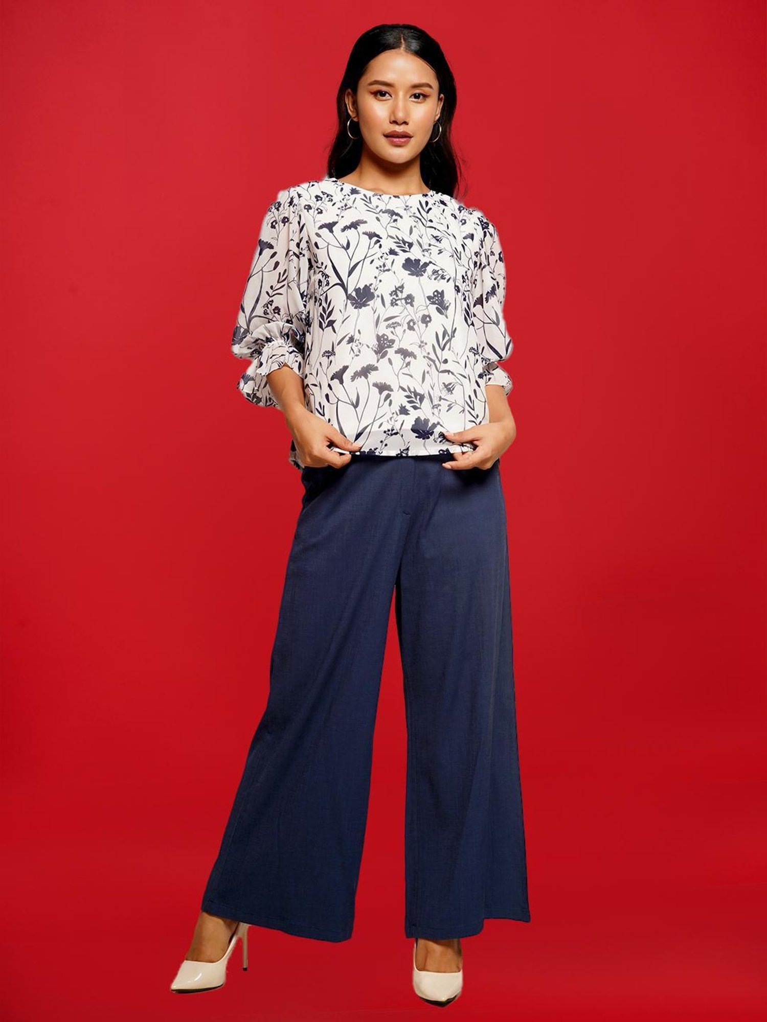 Zink London White & Black Floral Print Top