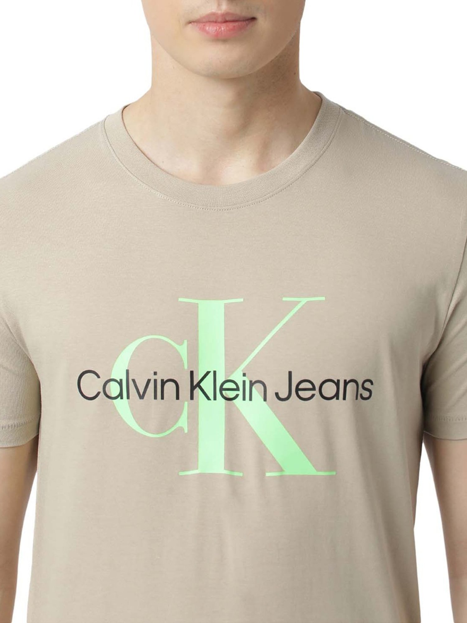 Calvin Klein Jeans Taupe & Acid Logo Slim Fit T-Shirt