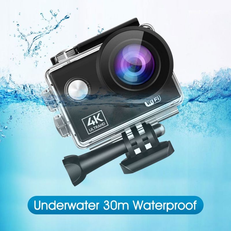 Sports Action Camera 4K 60FPS 2-inch HD Screen Underwater 30m 170 Degree Wide Angle Extended Memory with Waterproof Shell Built-in Li-ion Battery