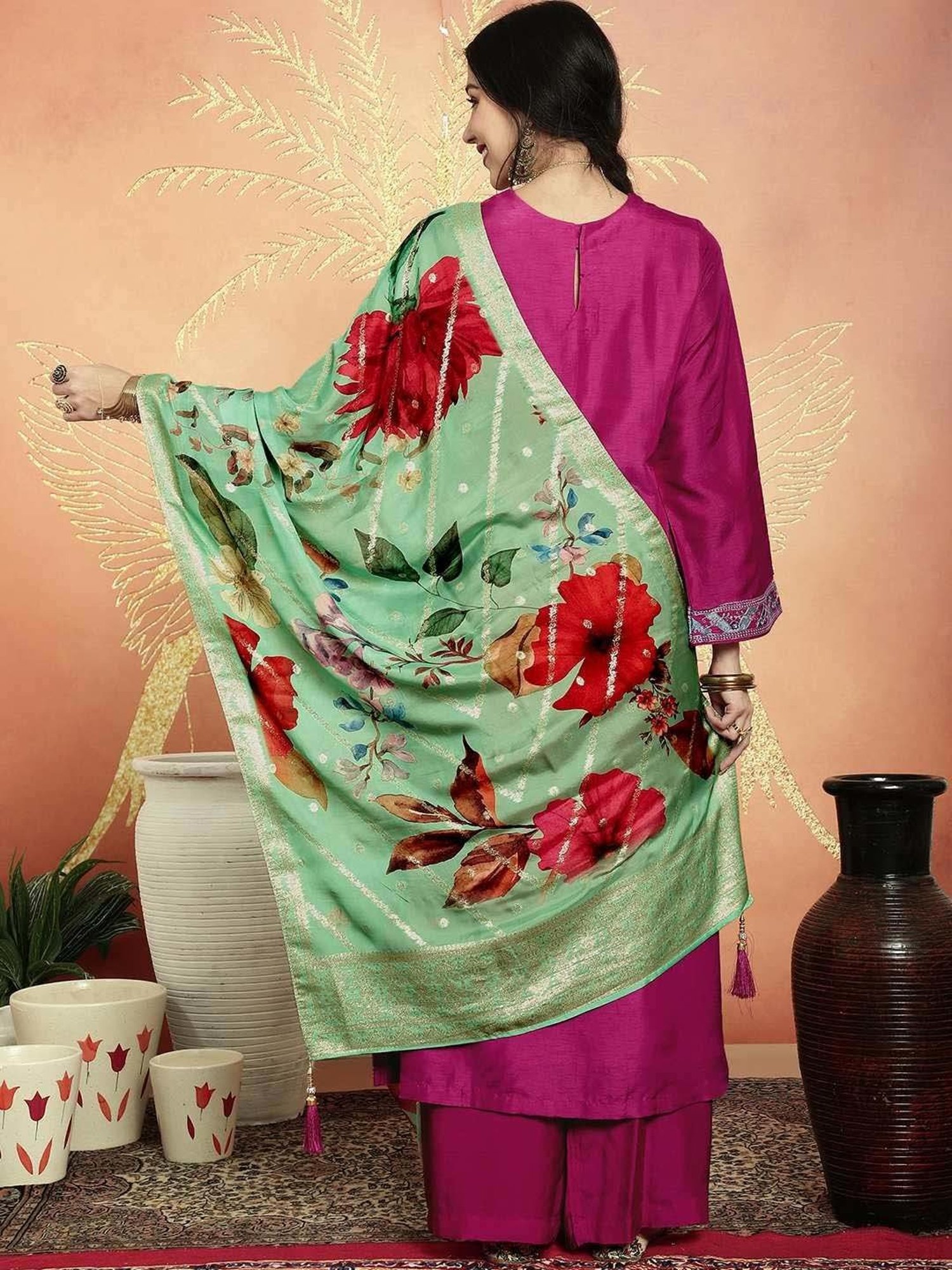 Stylee LIFESTYLE Magenta Embroidered Unstitched Dress Material