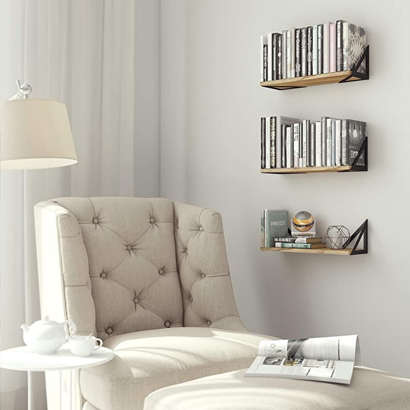 Minori Floating Shelves Set of 3 Small Bookshelf Unit for Living Room Office and Bedroom Natural Burned Rustic Wood Wall Decor with Metal Floating Shelf Bracket