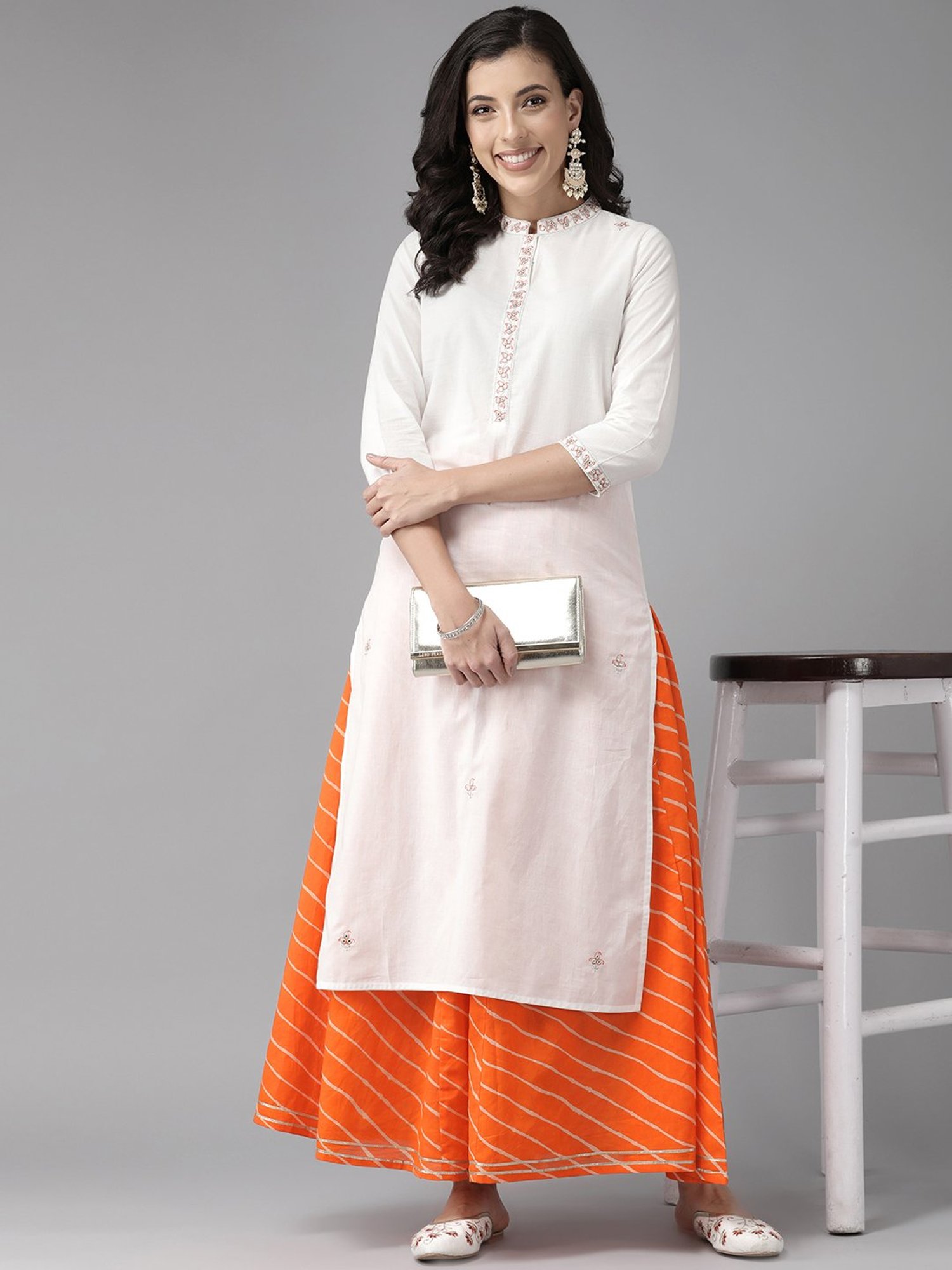 Prakrti White & Orange Cotton Embroidered Kurta & Palazzo Set