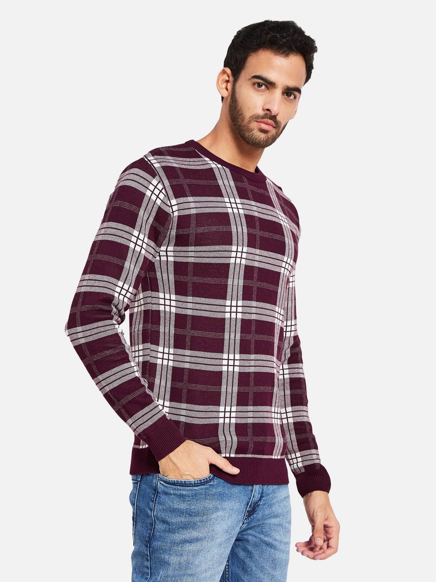 METTLE Maroon Cotton Regular Fit Checks Sweater