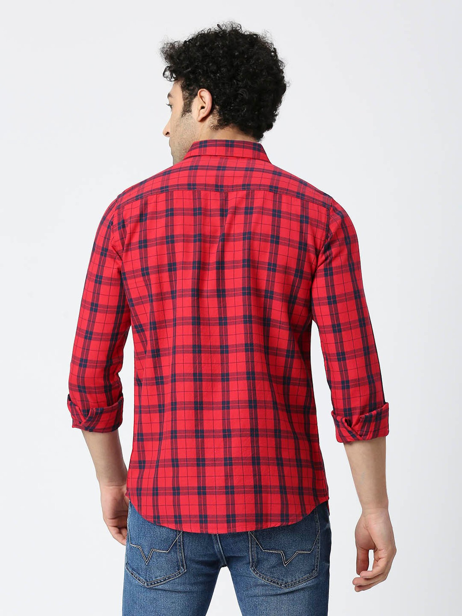SOLEMIO Red & Navy Slim Fit Checks Shirt