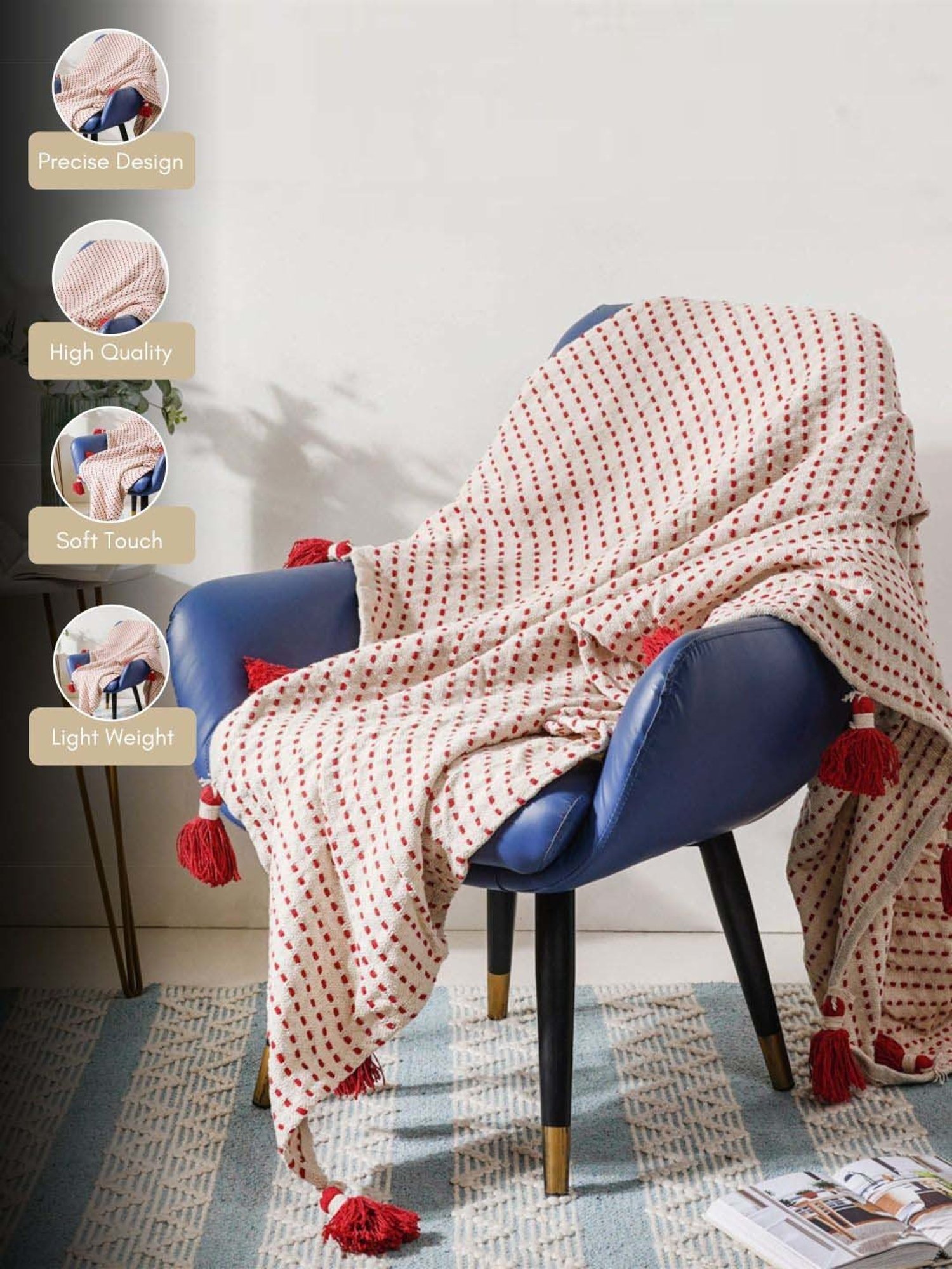 Nestasia Red & Cream Organic Cotton Knitted Throw blanket with texture for Living Room or Bedroom