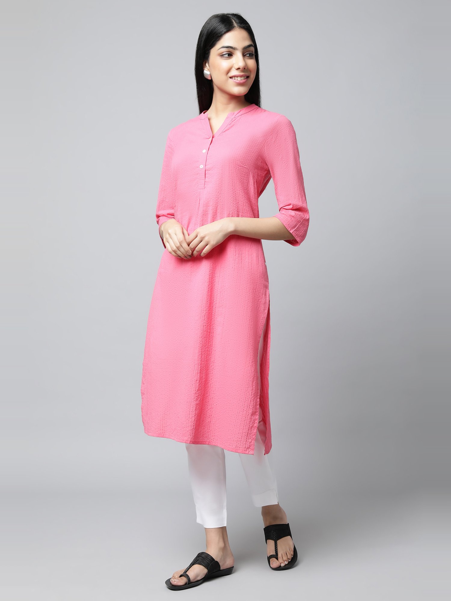 Aurelia Pink & White Cotton Kurta Pant Set