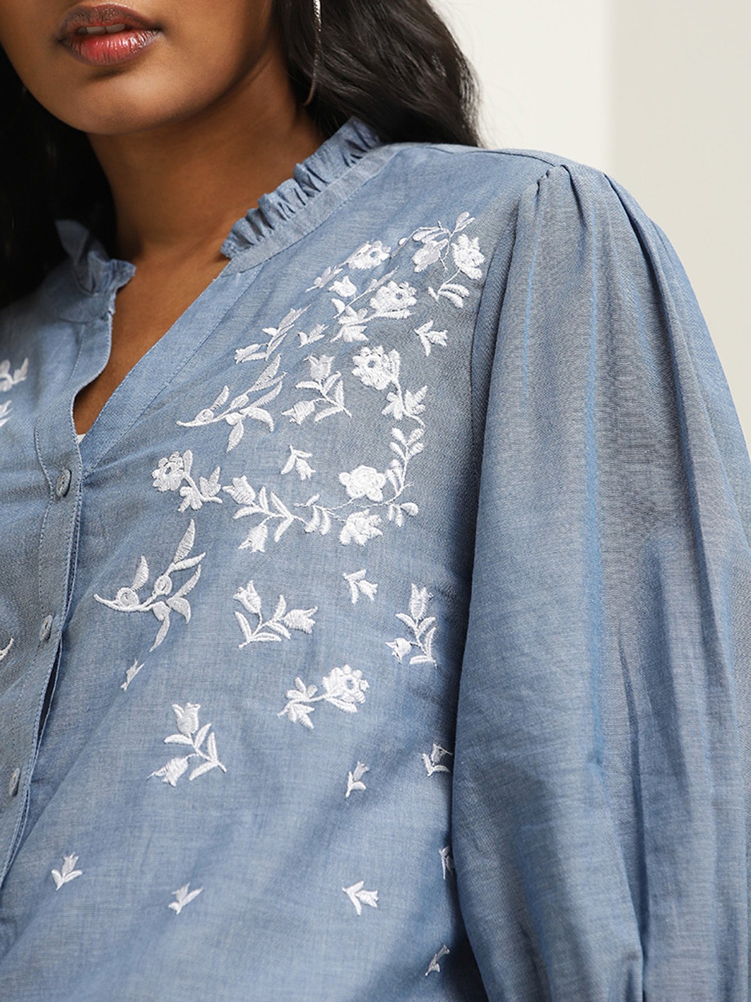 LOV by Westside Blue Floral Embroidered Cotton Top