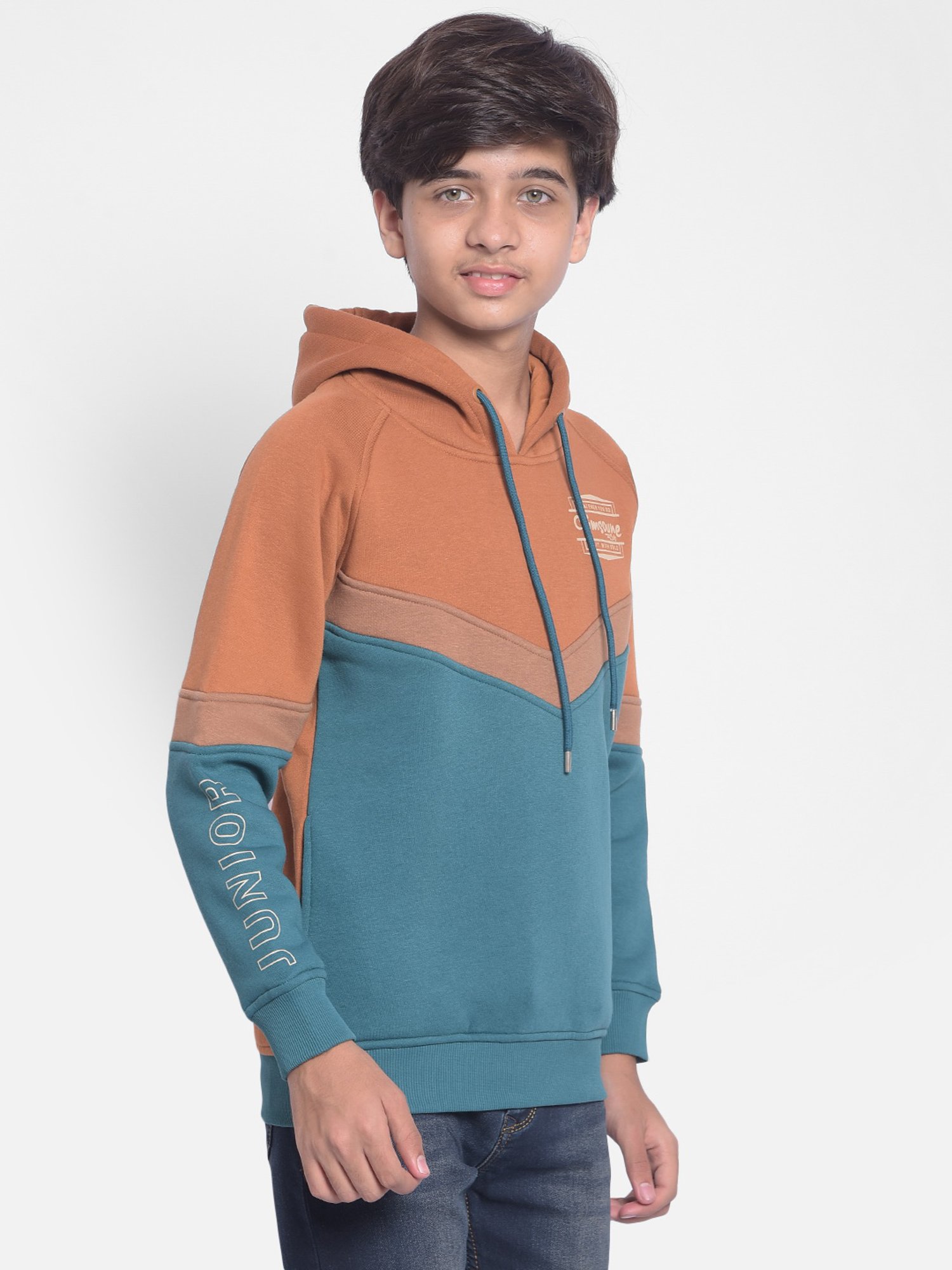 Crimsoune Club Kids Orange & Teal Color Block Full Sleeves Sweatshirt
