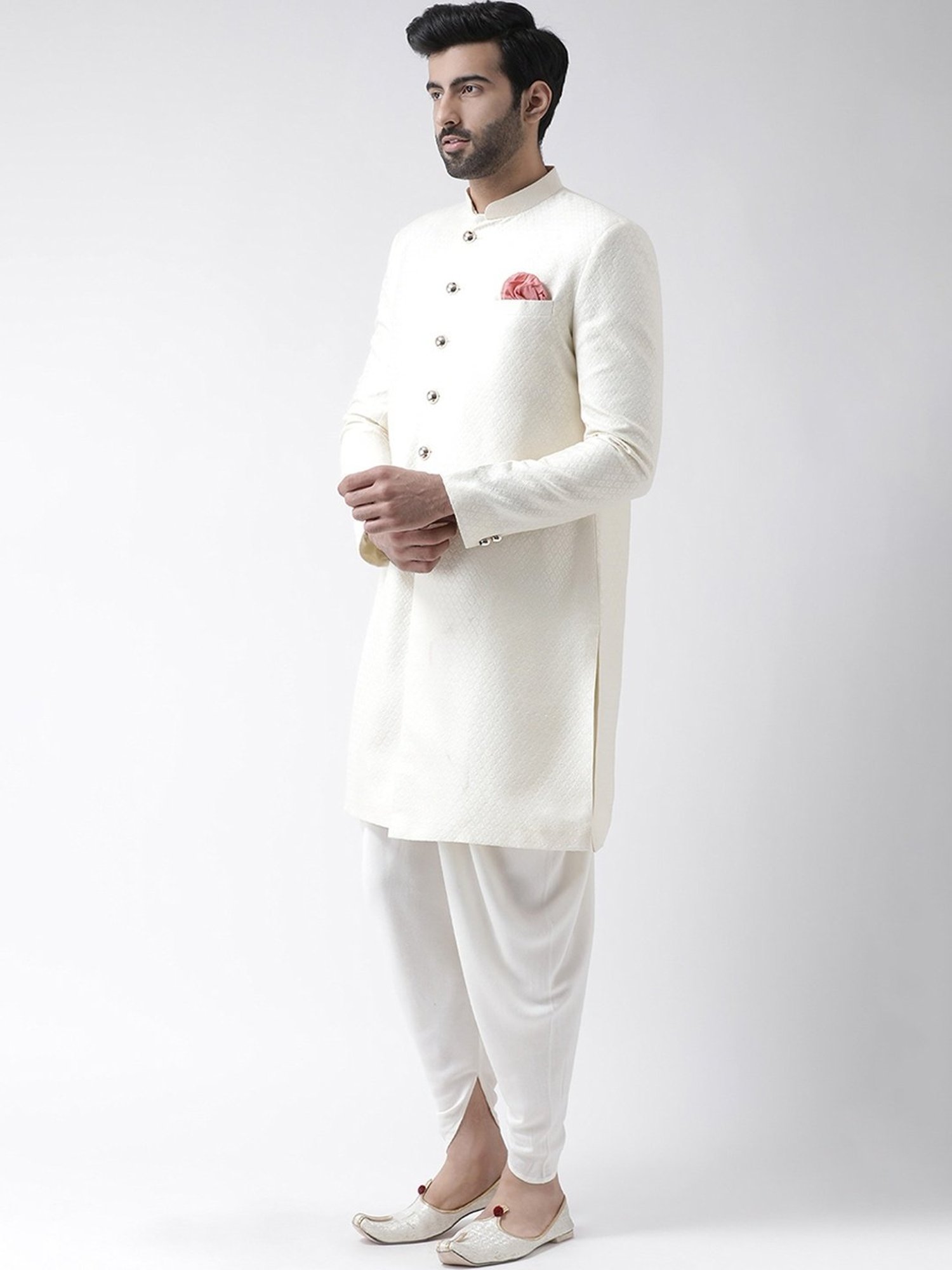 KISAH Off White Regular Fit Jacquard Sherwani Set