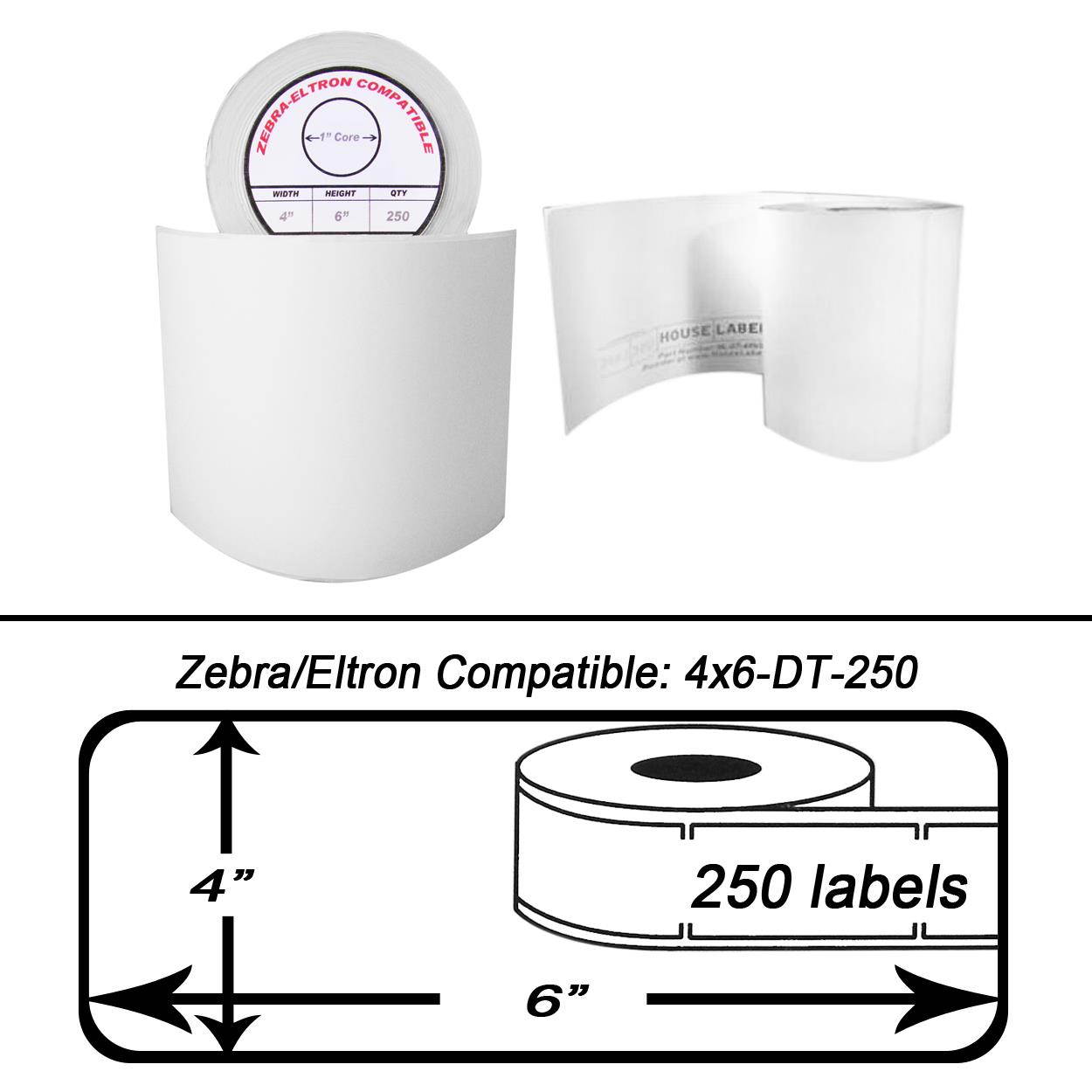 Zebra/Eltron-Compatible 4 x 6 Labels (4" x 6") -- BPA Free! (4 Rolls; 250 Labels per Roll)