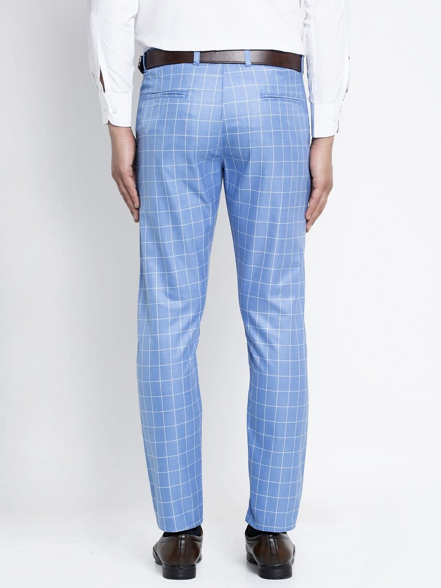 Jainish Blue Cotton Tapered Fit Checks Flat Front Trousers