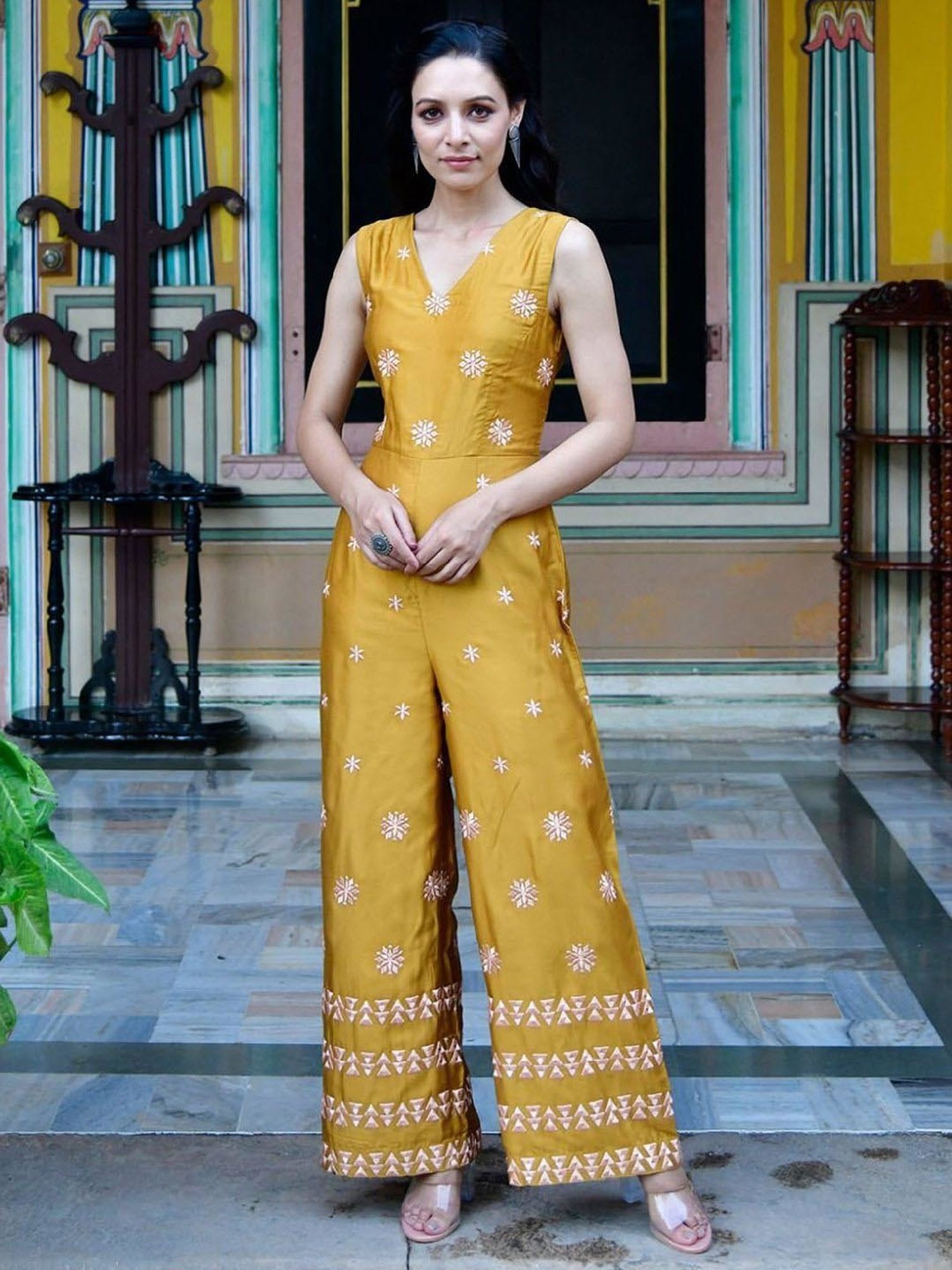Lirose Mustard Pure Moss Modal Rayon Satin Heavy Embroidered Jumpsuit