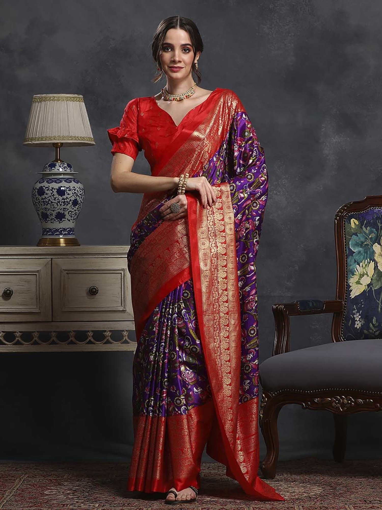 Saree Mall Purple & Red Silk Printed Saree With Unstitched Blouse