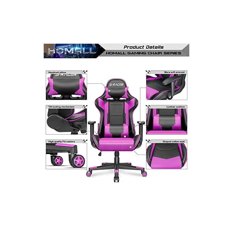 Gaming Chair Office Chair High Back Computer Chair Leather Desk Chair Racing Executive Ergonomic Adjustable Swivel Task Chair with Headrest and Lumbar Support (Purple)