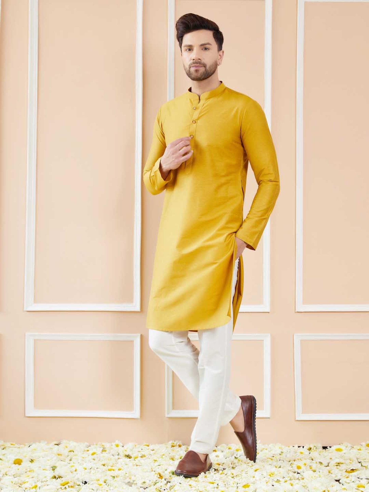 See Designs Mustard & White Regular Fit Kurta & Pyjamas Set