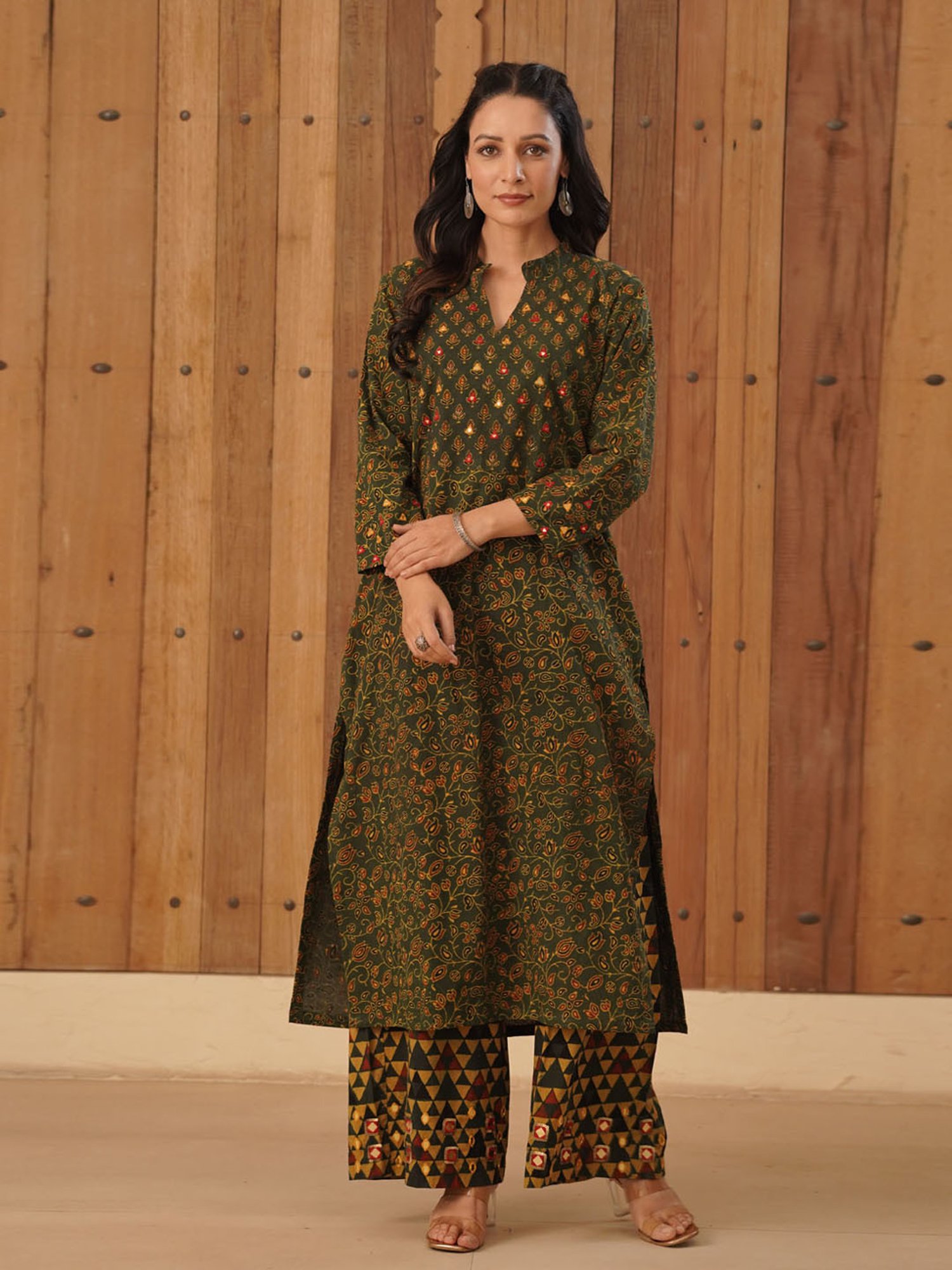 Love Chic Ajrakh Flare Kurta with side slits and 3/4th sleeves