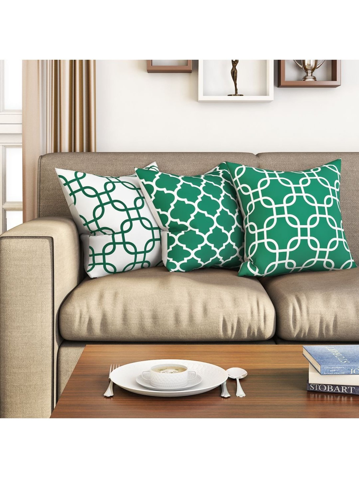 SEJ by Nisha Gupta Green & White Cushion Covers - Set of 3