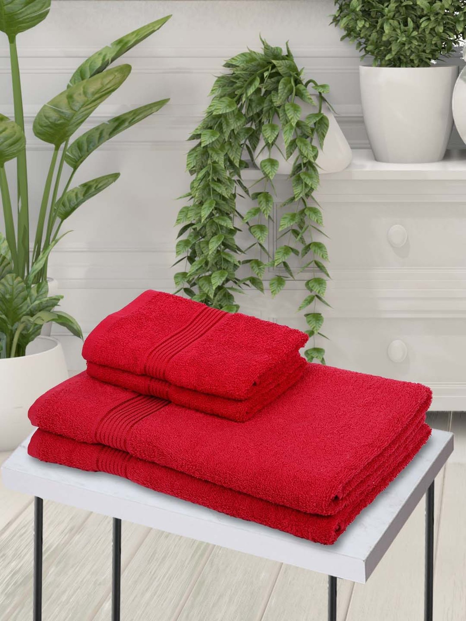 LORENA [4pc] 100% Cotton Super-Soft Terry Towels -2pc Bath, 2pc Hand (d`ross) solid-red