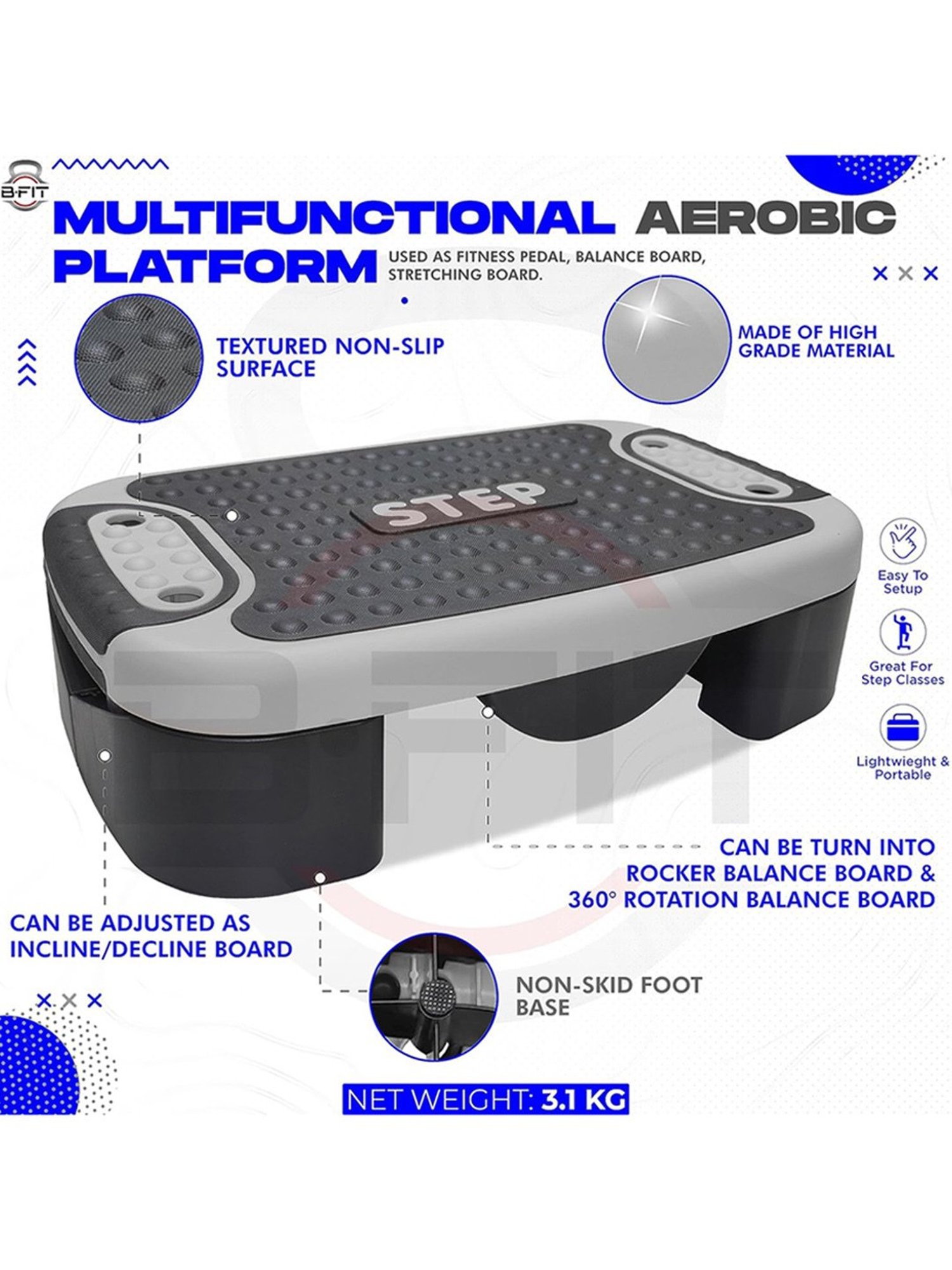 B Fit 4-In-1 Aerobic Step Platform Adjustable Multifunctional Balance Board, Steppers (Grey)