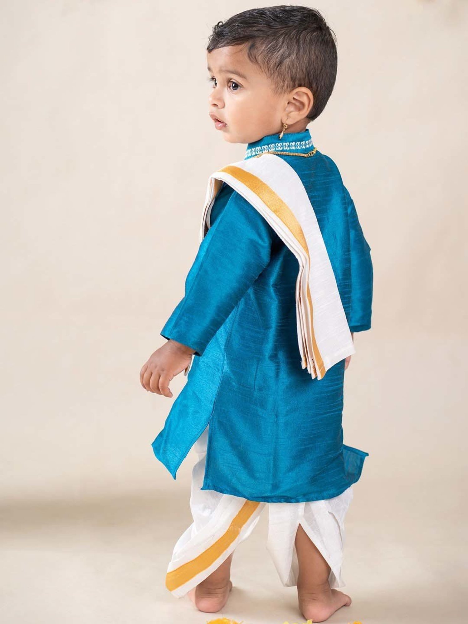 Baby Moo Kids Turquoise Blue & White Regular Fit Full Sleeves Kurta Set