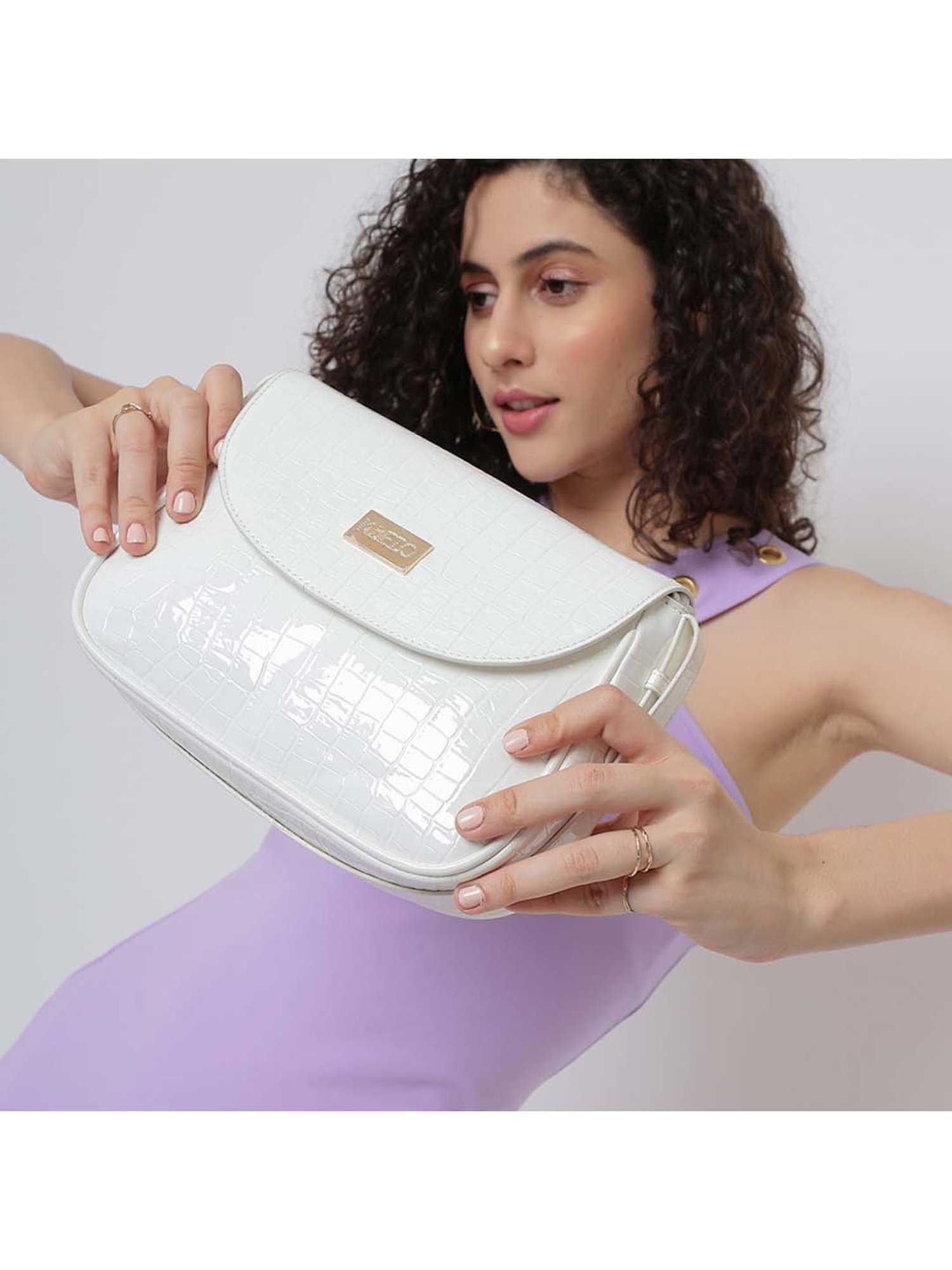 KLEIO White Textured Medium Shoulder Bag