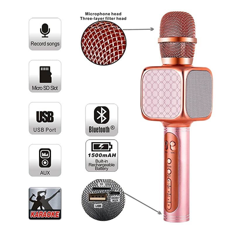 Portable Wireless Karaoke Microphone YS69 Handheld Cellphone Karaoke Player Support USBTF MP3 Player and Bluetooth Karaoke Machine for All Ages 69 Rose