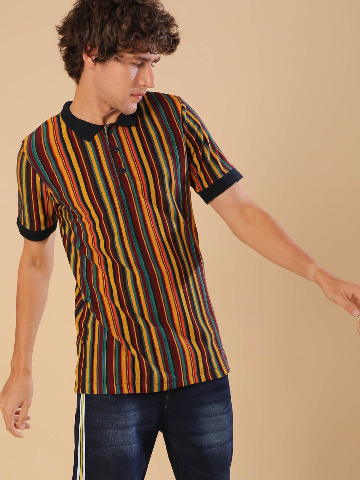 Campus Sutra Brown Striped Polo T-Shirt