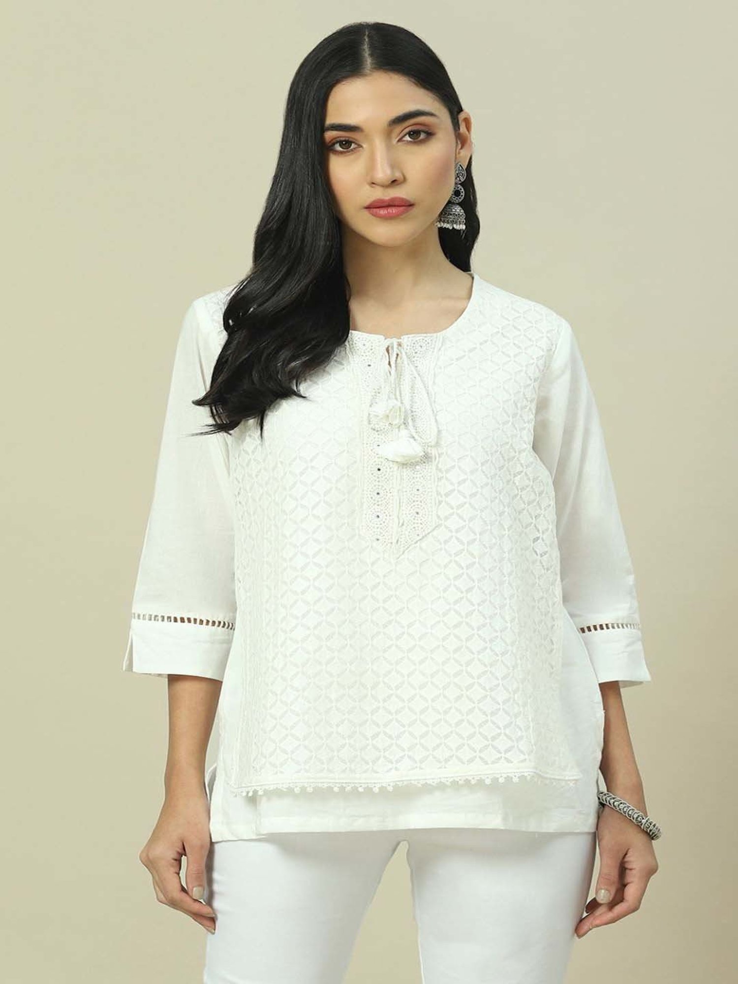 Rangriti Off-White Cotton Self Pattern Top