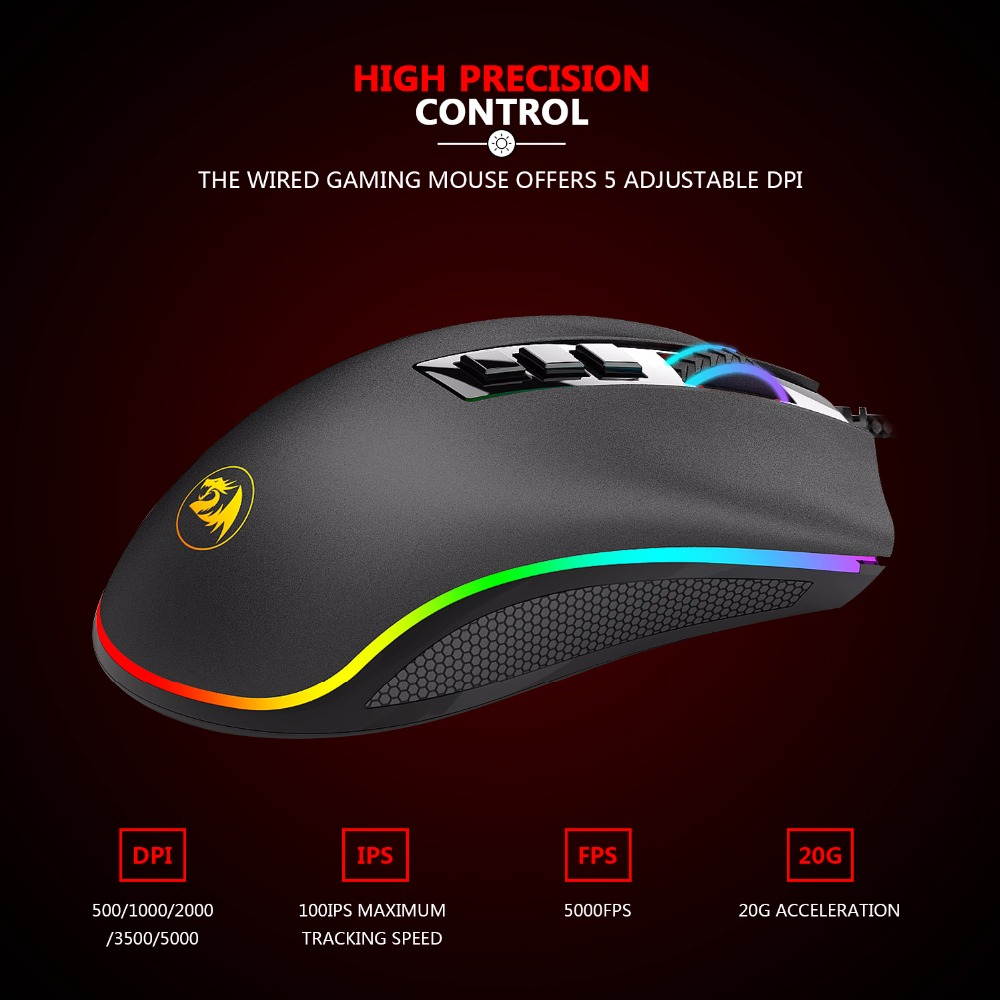Redragon COBRA M711 Chroma Wired Gaming Mouse 16.8 Million RGB Color Backlit DPI 10000 7 Programmable Buttons Optical LED PC