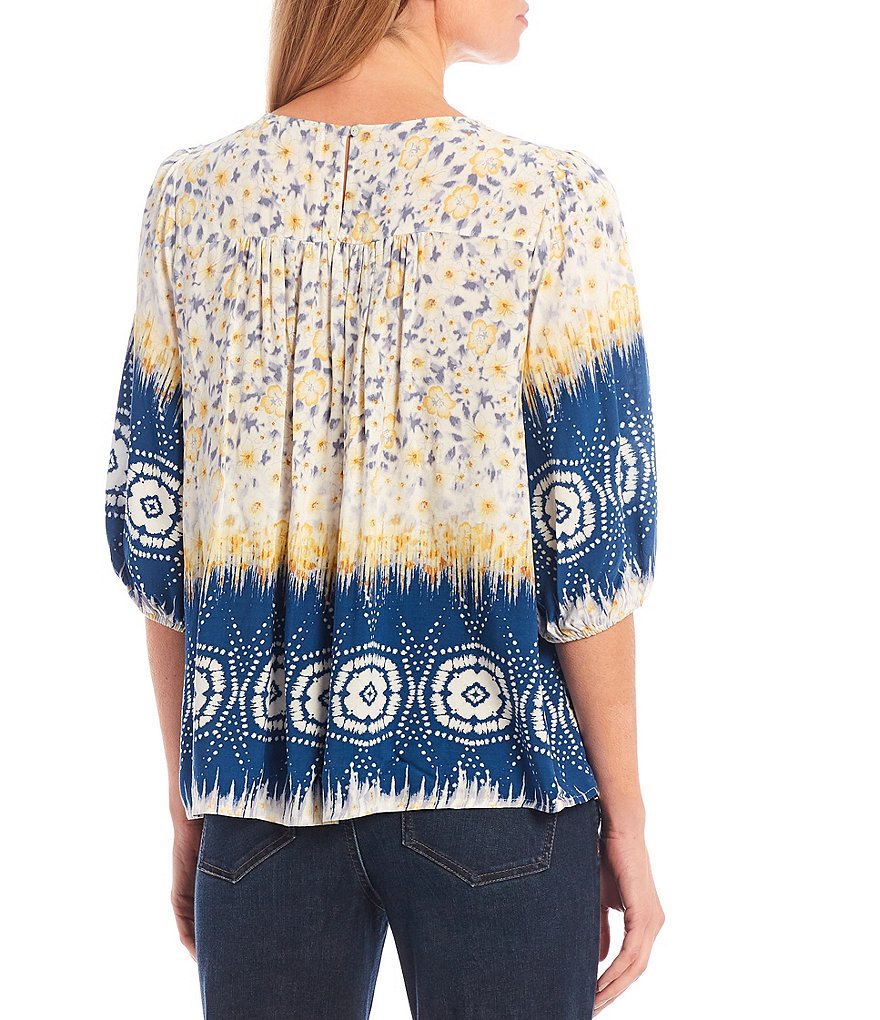 Figueroa & Flower Petite Size Queen Blue Border Print 3/4 Balloon Sleeve Yoke Detail Popover Top