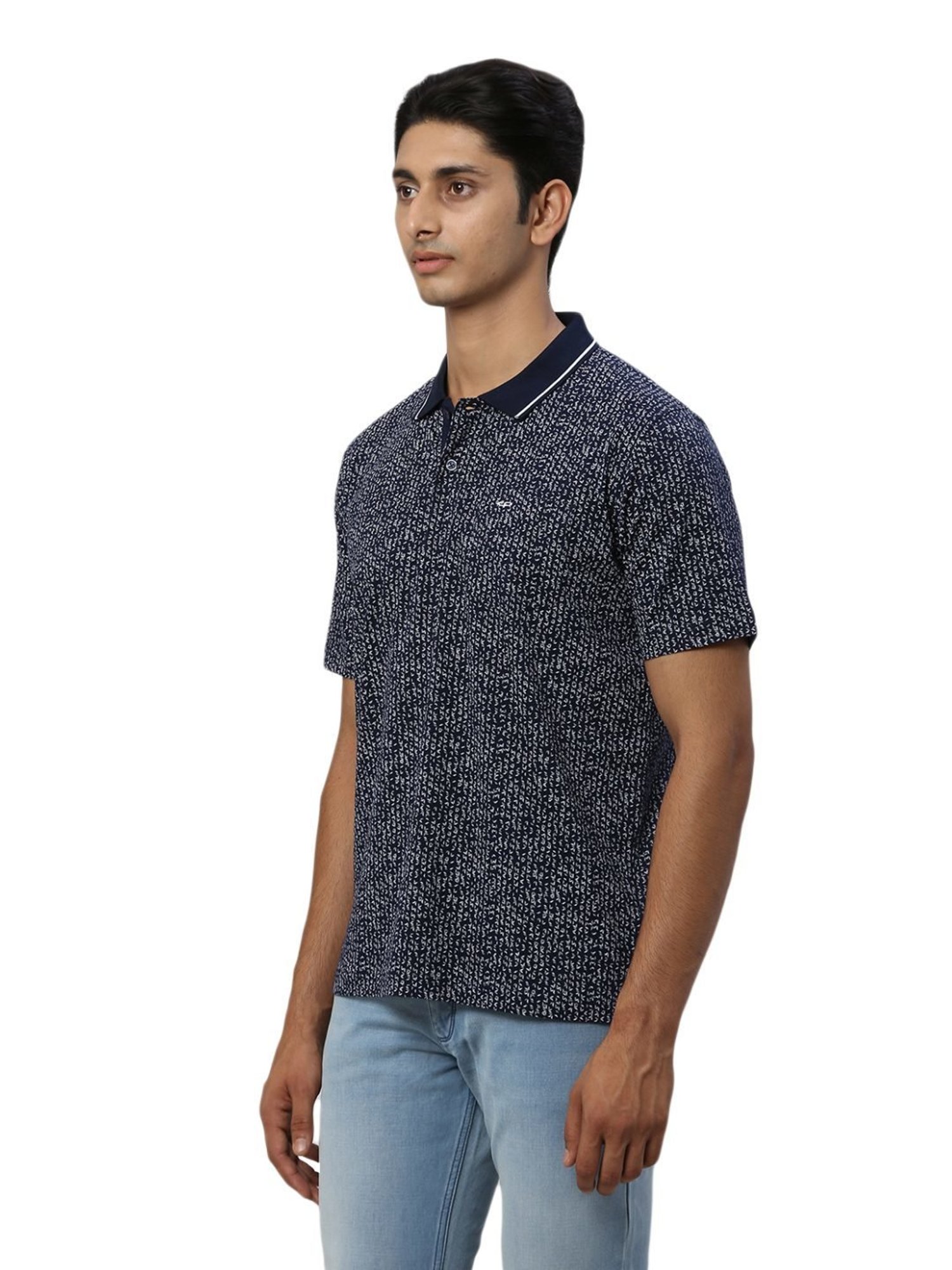ColorPlus Blue Cotton Comfort Fit Printed Polo T-Shirt
