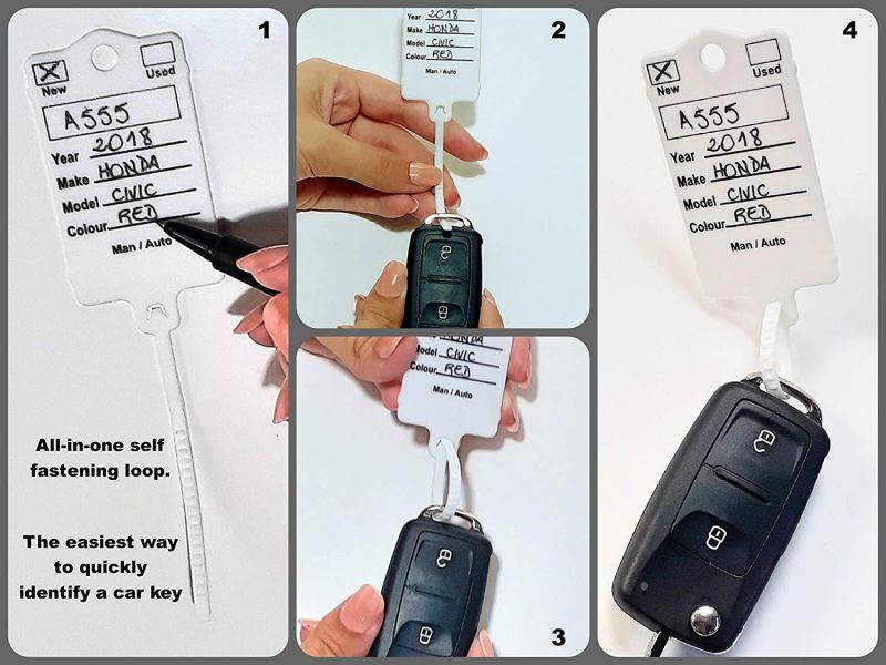 Mechanic Service Auto Key Tags - White self Locking Car Key Tags Made of Waterproof Plastic | Box of 300 Auto Tags | NO Folding, NO Key Rings, NO Laminated Key Tags Necessary | Pen Included