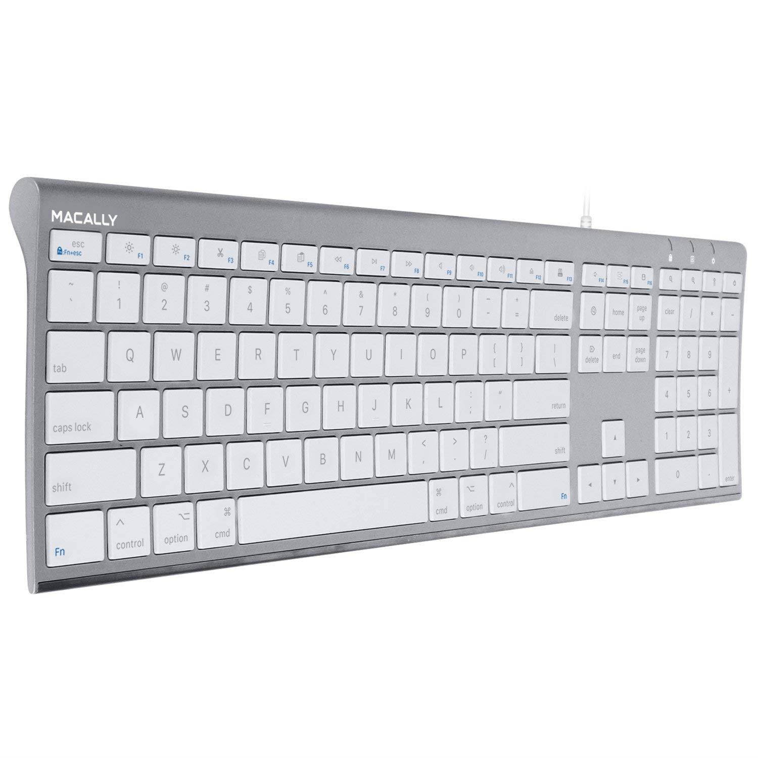 Macally Ultra-Slim USB Wired Computer Keyboard for Apple MacBook Pro/Air, iMac, Mac Mini, Mac Pro, Windows PC Laptops/Desktops and Notebooks | Plug and Play - No Drivers | Silver Finish (ACEKEYSG)