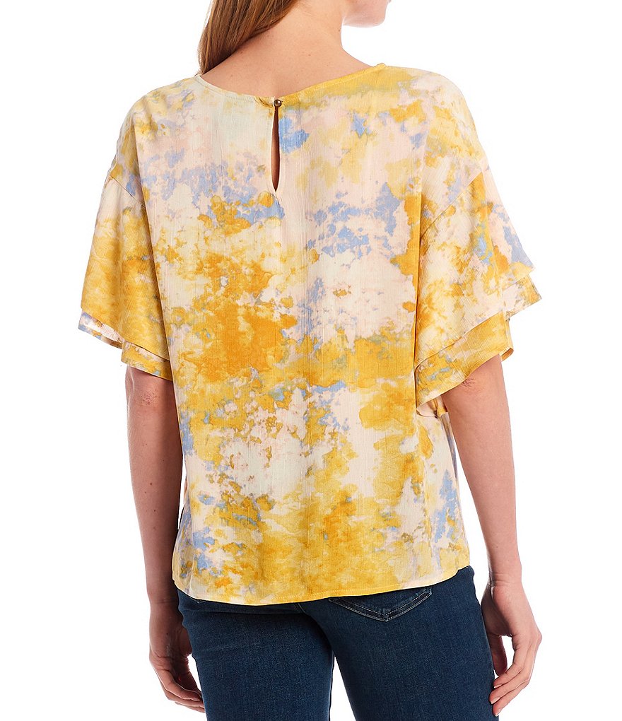 Bobeau Yellow Tie Dye Jewel Neck Double Ruffle Sleeve Top