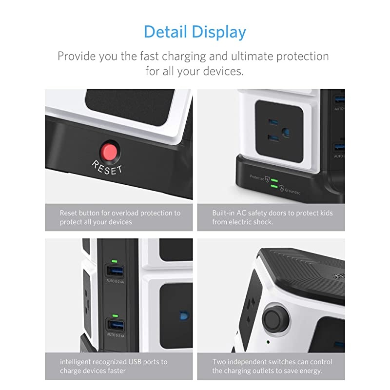 Long Cord Surge Protector Power Strip with USB 8-Outlet and 40W/8A 6 USB Charging Station,1500 Joules,12 Feet Cord,ETL Listed