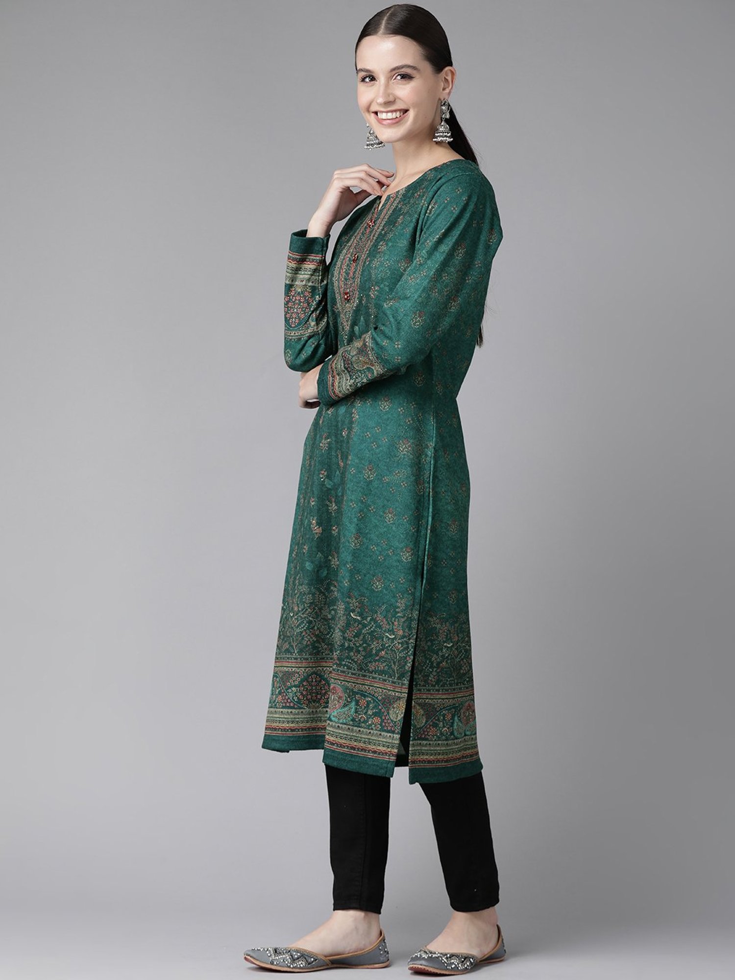 Cayman Green Floral Print Straight Kurta