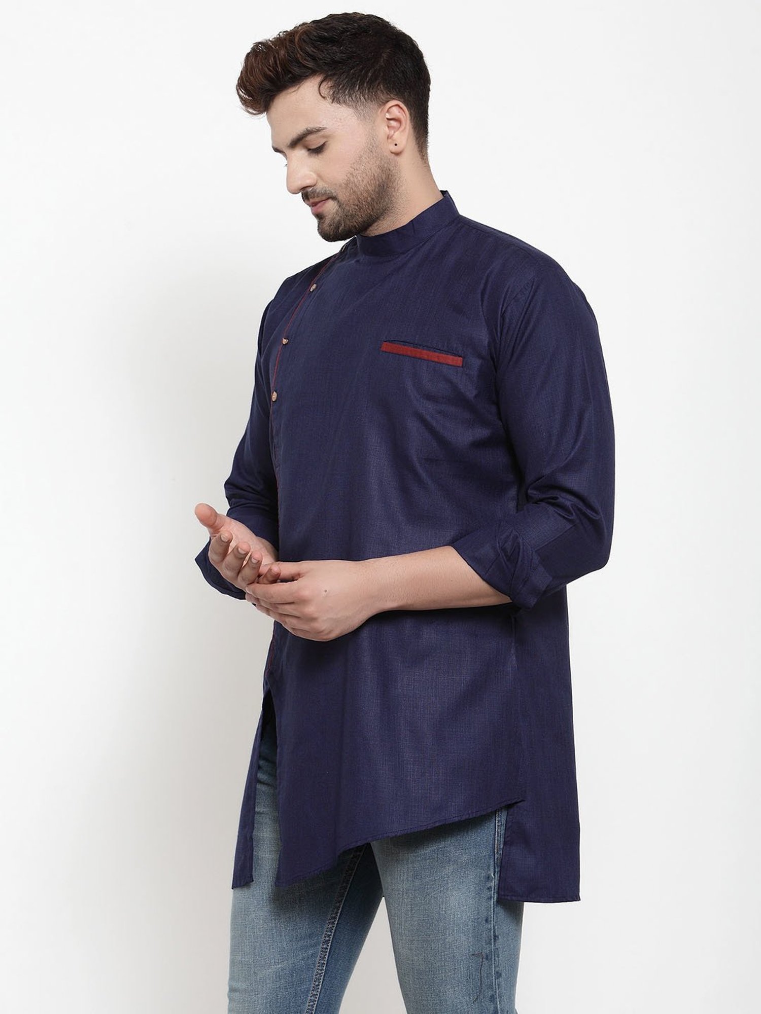 Benstoke Navy Regular Fit Short Kurta