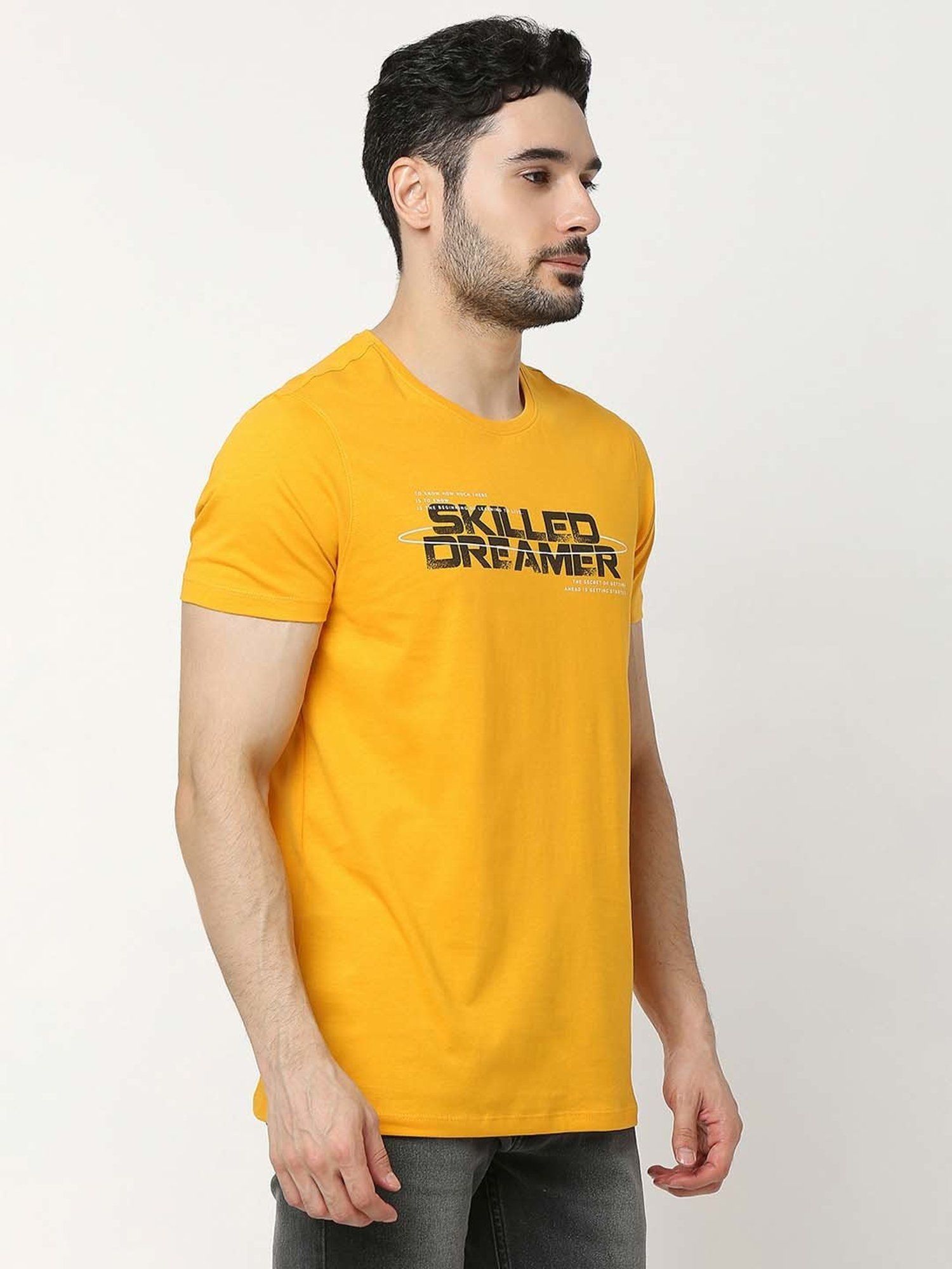 UnderJeans by Spykar Mustard Regular Fit Printed Cotton Crew T-Shirt