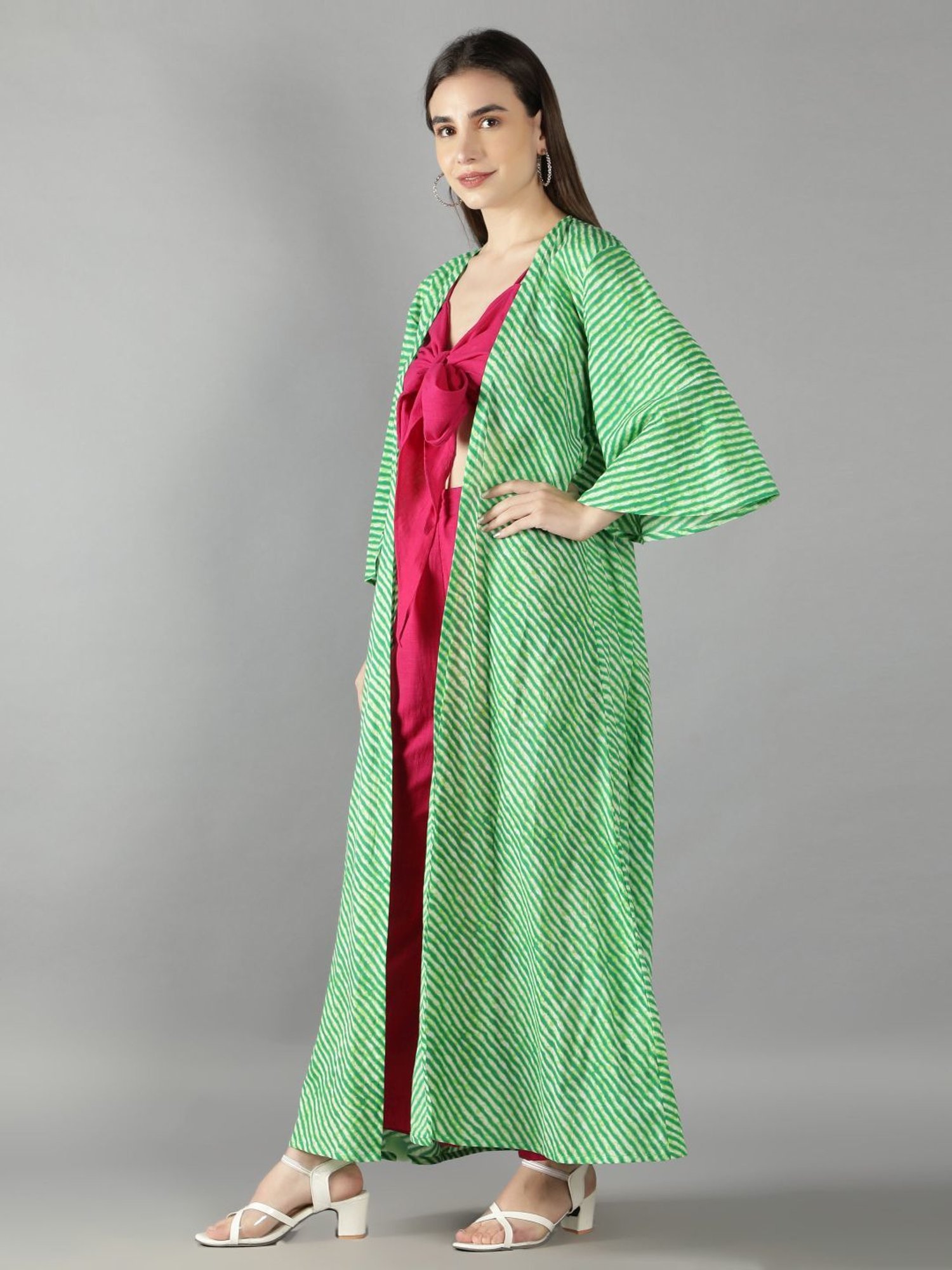 KAORI BY SHREYA AGARWAL Pink & Green Cotton Crop Top Palazzo Set With Cape