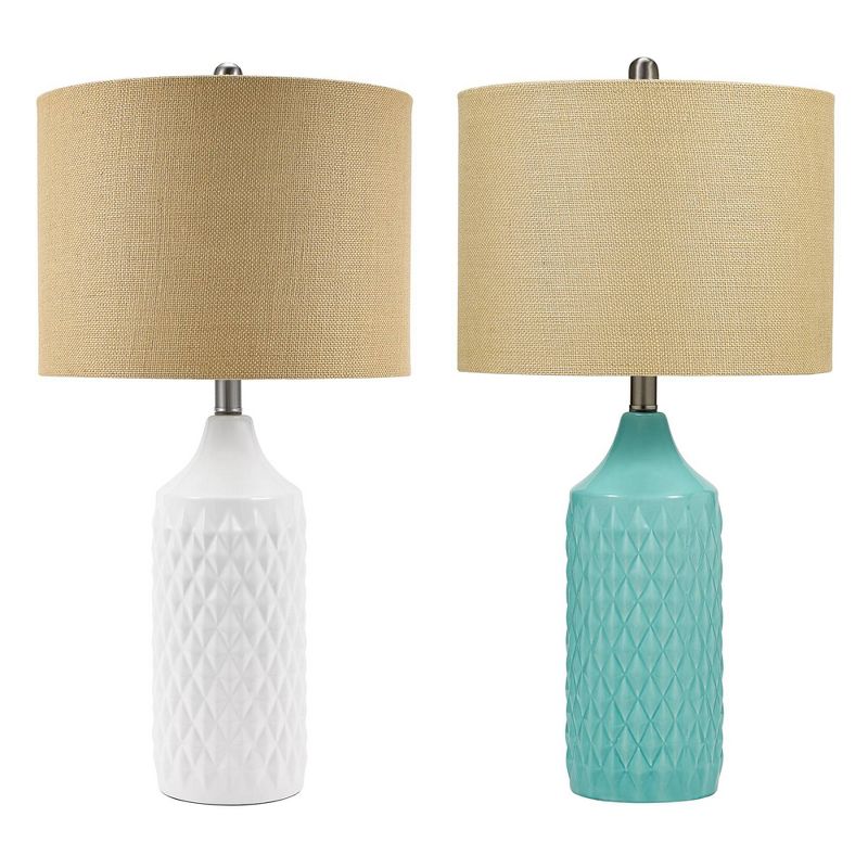 26.5" Quilted Ceramic Table Lamp with Natural Linen Drum Shade Aqua Blue - Cresswell Lighting