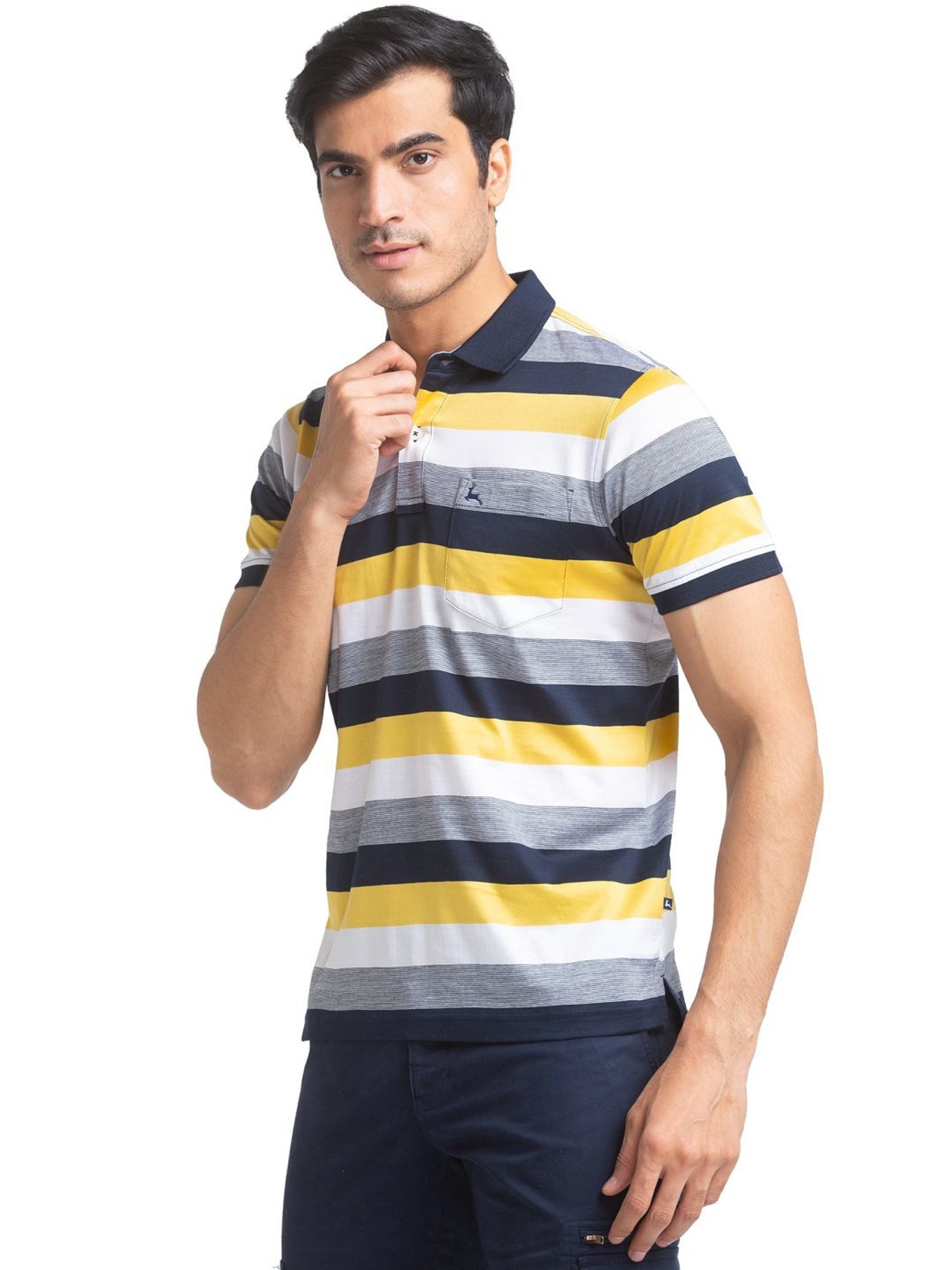 Parx Blue Pure Cotton Regular Fit Striped Polo T-Shirt