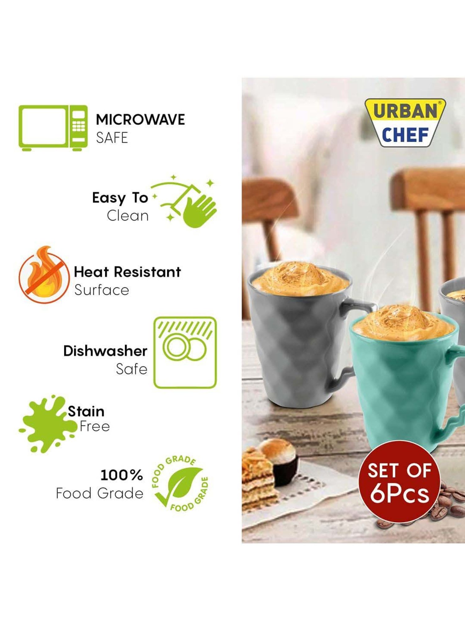 Urban Chef Grey & Blue Ceramic Microwave Safe Coffee Mug (0.225 L) - Set of 6
